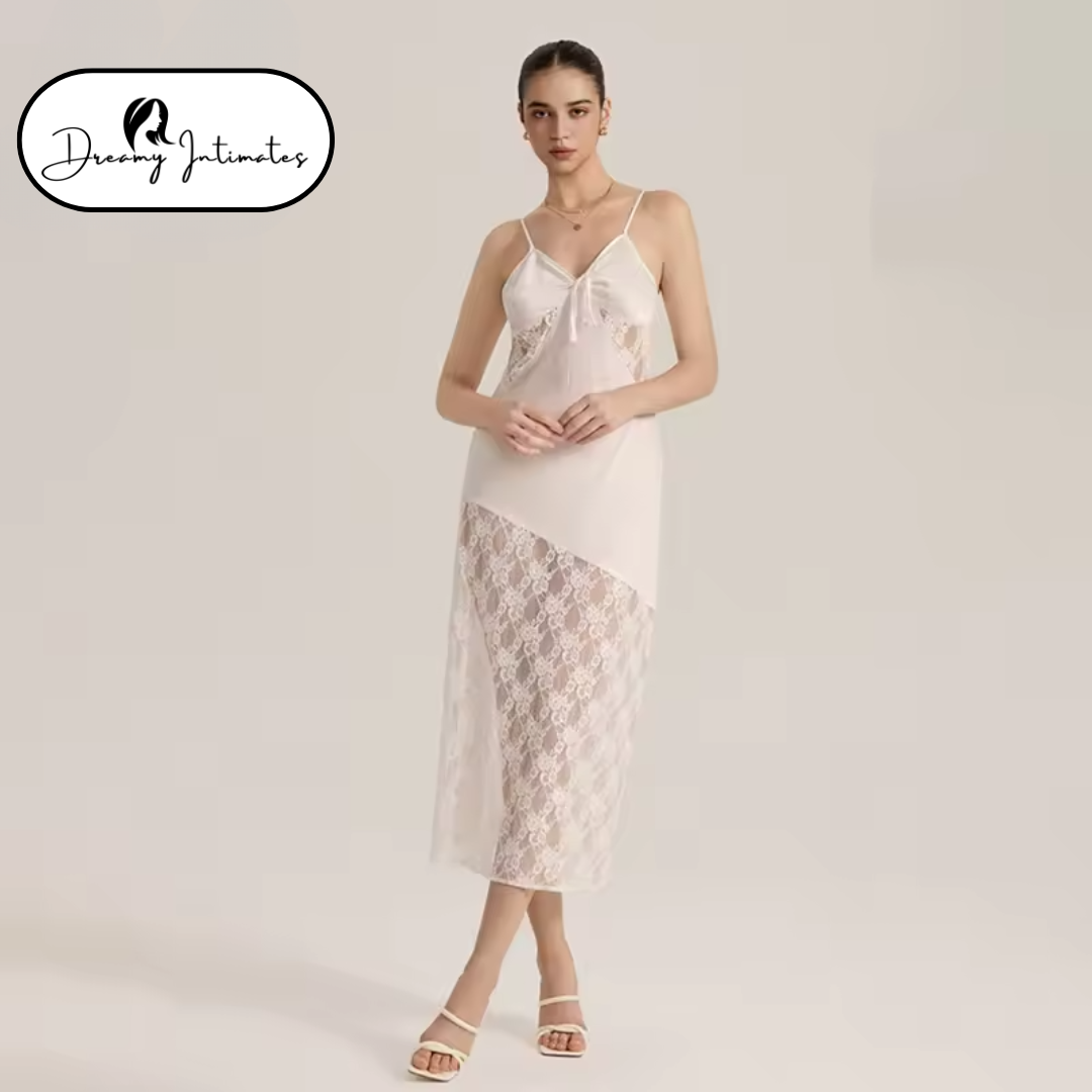 Sexy Satin Lace Mesh Maxi Nightgown